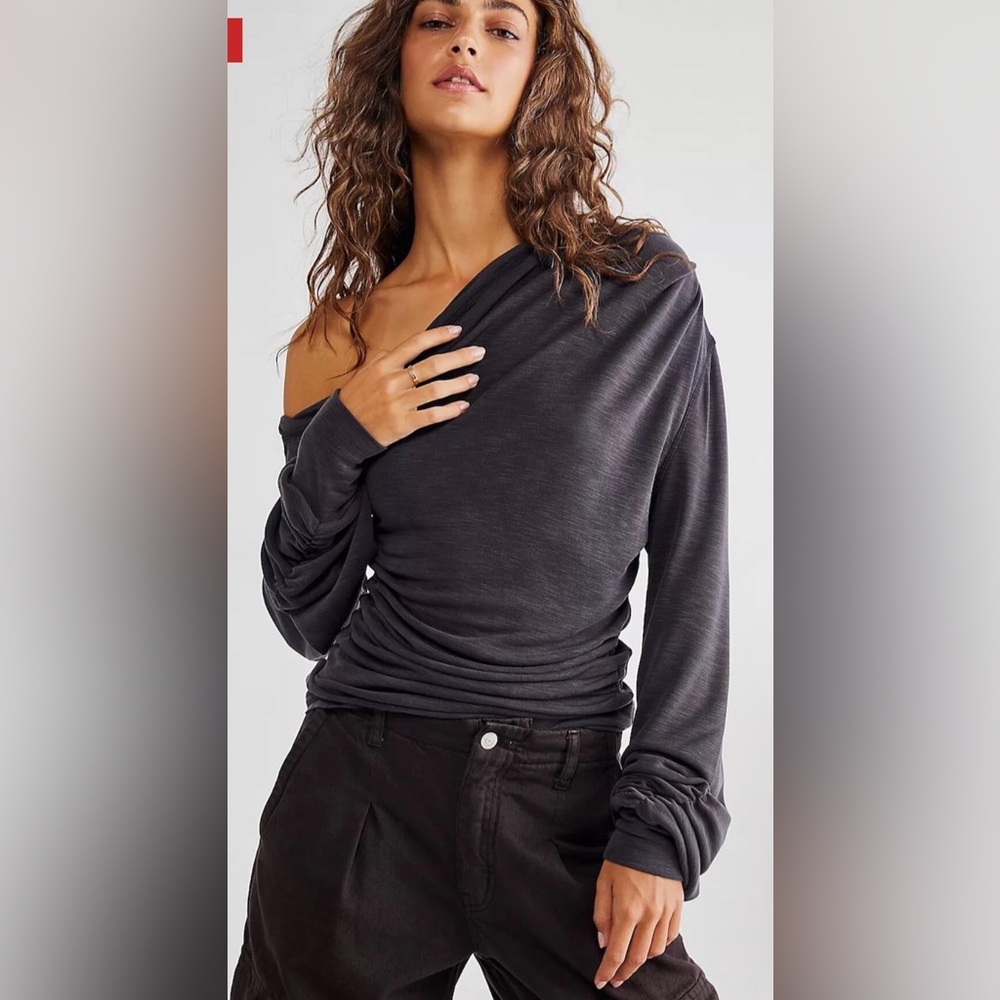 Free People Size Small All Day Tunic Off-Shoulder Long Sleeve Top in Charcoal